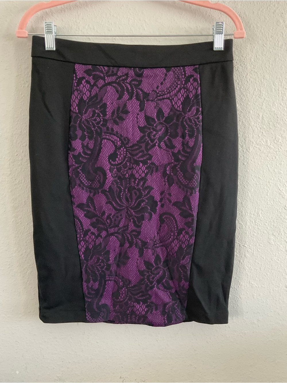 Forever 21 Black Pencil Skirt with Purple Lace-Effect Panel